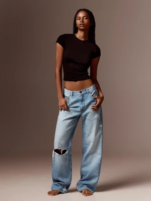 Bershka Jeansy O Kroju Straight Baggy Kobieta Wyblakły Niebieski