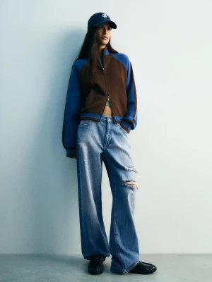 Bershka Jeansy O Kroju Straight Baggy Kobieta Wyblakły Niebieski