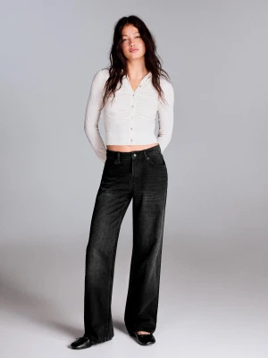 Bershka Jeansy O Kroju Straight Wide Z Wysokim Stanem Kobieta Czarny