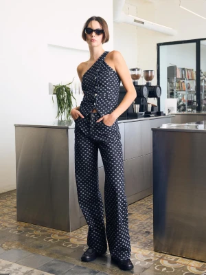 Bershka Jeansy O Kroju Straight Z Wysokim Stanem W Kropki Kobieta Granatowy