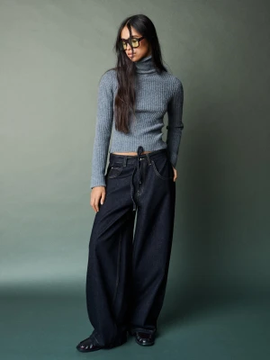 Bershka Jeansy O Kroju Wide Leg Barrel Z Paskiem Kobieta Granatowy