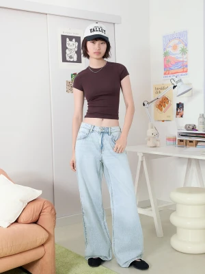 Bershka Jeansy O Kroju Wide Leg Kobieta Jasnoniebieski