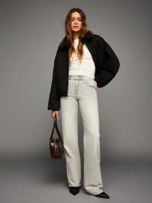 Bershka Jeansy O Kroju Wide Leg Straight Kobieta Ciemnoszary