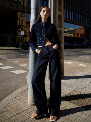 Bershka Jeansy O Kroju Wide Leg Straight Z Wysokim Stanem Kobieta Niebieski