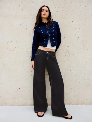 Bershka Jeansy O Kroju Wide Leg Z Niskim Stanem Kobieta Granatowy