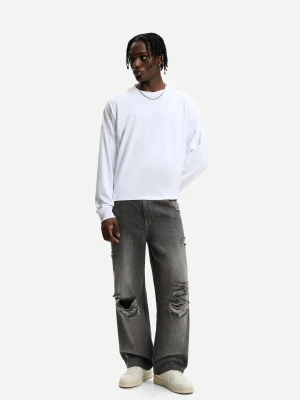 Bershka Jeansy Super Baggy Z Efektem Podarcia Mężczyzna Ciemnoszary