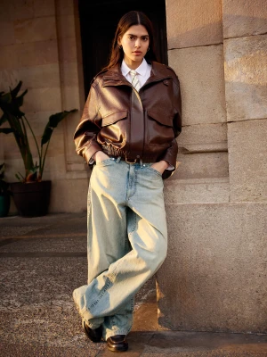 Bershka Jeansy Super Wide Leg Z Niskim Stanem Kobieta Wyblakły Niebieski