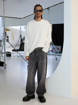 Bershka Jeansy Superbaggy Ze Strassem – Filtr Cyfrowy Mężczyzna Czarny