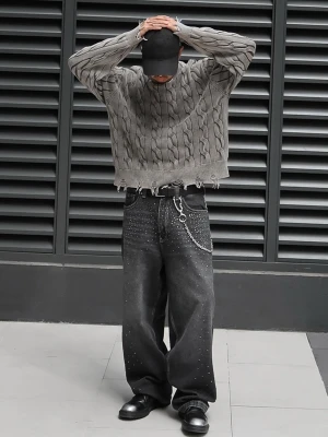 Bershka Jeansy Superbaggy Ze Strassem – Filtr Cyfrowy Mężczyzna Czarny