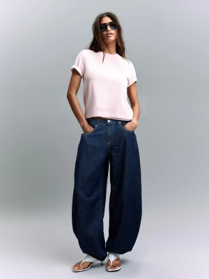 Bershka Jeansy Wide Leg Balloon Z Niskim Stanem Kobieta Niebieski