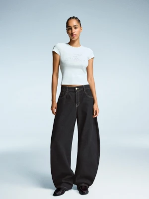 Bershka Jeansy Wide Leg Barrel Kobieta Czarny