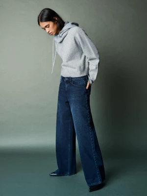 Bershka Jeansy Wide Leg Kobieta Ciemnoniebieski