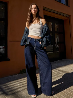 Bershka Jeansy Wide Leg Kobieta Granatowy