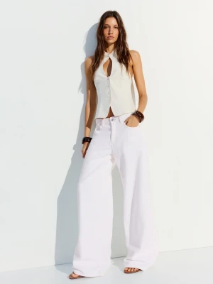 Bershka Jeansy Wide Leg Kobieta Kremowy