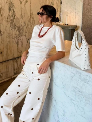 Bershka Jeansy Wide Leg W Kropki Kobieta Kremowy