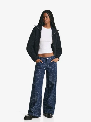 Bershka Jeansy Wide Leg Z Cekinami Kobieta Granatowy
