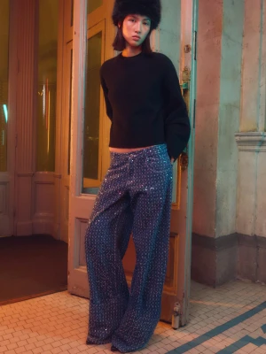 Bershka Jeansy Wide Leg Cekinowe Kobieta Granatowy