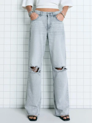 Bershka Jeansy Wide Leg Z Dziurami Kobieta Ciemnoszary
