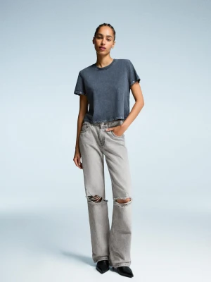 Bershka Jeansy Wide Leg Z Dziurami Kobieta Ciemnoszary