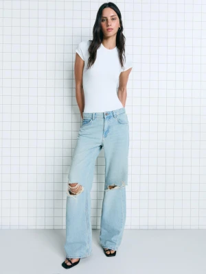 Bershka Jeansy Wide Leg Z Dziurami Kobieta Niebieski