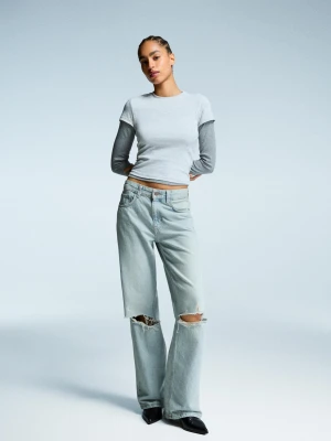 Bershka Jeansy Wide Leg Z Dziurami Kobieta Niebieski