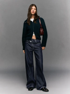 Bershka Jeansy Wide Leg Z Krzyżowanym Pasem Kobieta Granatowy