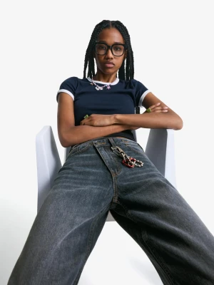 Bershka Jeansy Wide Leg Z Krzyżowanym Pasem Kobieta Niebieski