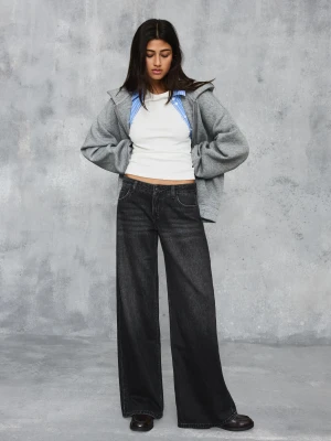 Bershka Jeansy Wide Leg Z Niskim Stanem Kobieta Czarny