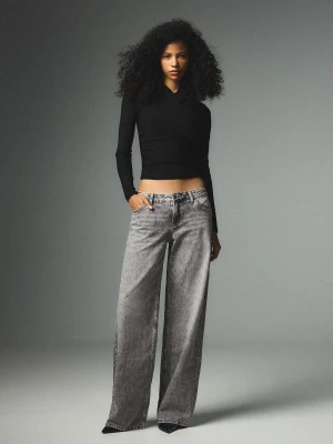 Bershka Jeansy Wide Leg Z Niskim Stanem Kobieta Szary