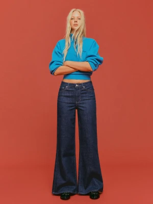 Bershka Jeansy Wide Leg Z Wysokim Stanem Kobieta Granatowy