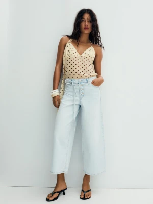 Bershka Jeansy Wide Leg Z Wysokim Stanem Kobieta Wyblakły Niebieski