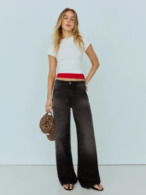 Bershka Jeansy Wide Leg Z Wysokim Stanem W Stylu Vintage Kobieta Czarny