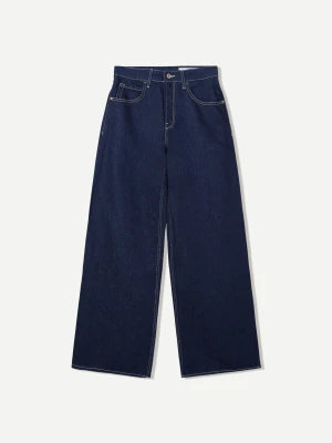 Bershka Jeansy Wide Leg Ze Średnim Stanem Kobieta Granatowy
