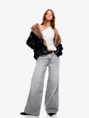 Bershka Jeansy Wide Leg Ze Średnim Stanem Kobieta Szary