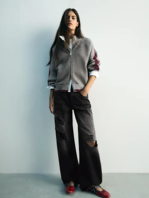 Bershka Jeansy Wide Z Wysokim Stanem I Przetarciami Kobieta Szary