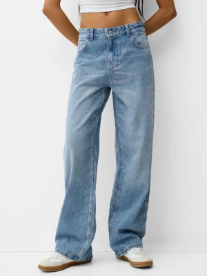 Bershka Jeansy Z Cyrkoniami W Stylu 90'S Kobieta Wyblakły Niebieski