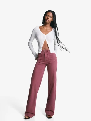 Bershka Jeansy Z Szerokimi Nogawkami I Bezszwowymi Kieszeniami Kobieta Czerwony