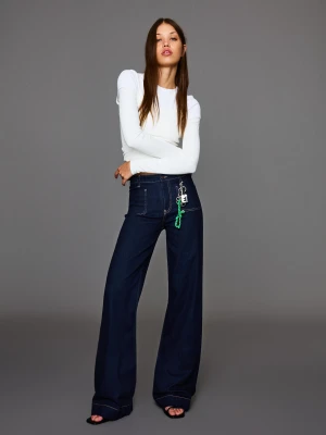 Bershka Jeansy Z Szerokimi Nogawkami I Bezszwowymi Kieszeniami Kobieta Granatowy