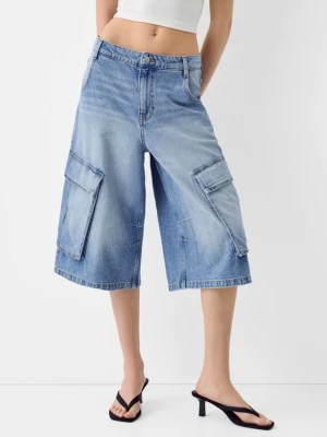 Bershka Jorts W Stylu Bermudów Baggy Cargo Kobieta Wyblakły Niebieski