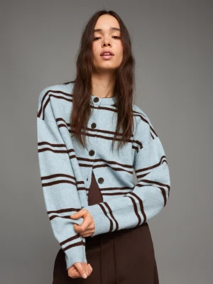 Bershka Kardigan W Paski Zapinany Na Guziki Kobieta Turkusowy