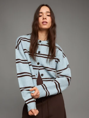 Bershka Kardigan W Paski Zapinany Na Guziki Kobieta Turkusowy