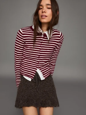 Bershka Kardigan Z Dzianiny W Paski Kobieta Bordowy