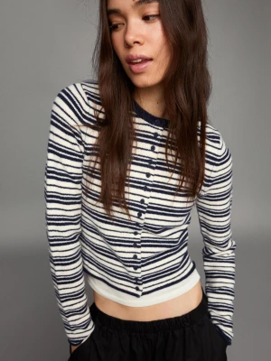 Bershka Kardigan Z Dzianiny W Paski Kobieta Niebieski