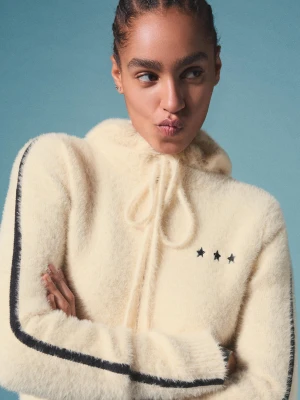 Bershka Kardigan Z Dzianiny Z Haftem I Zamkiem Błyskawicznym Kobieta Kremowy