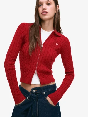 Bershka Kardigan Z Kołnierzykiem Polo W Warkocze Kobieta Czerwony