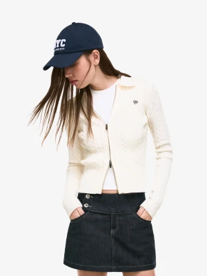 Bershka Kardigan Z Kołnierzykiem Polo W Warkocze Kobieta Kremowy