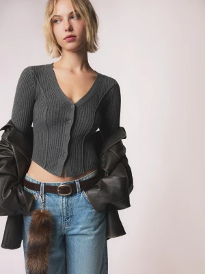 Bershka Kardigan Z Prążkowanej Dzianiny Kobieta Ciemnoszary