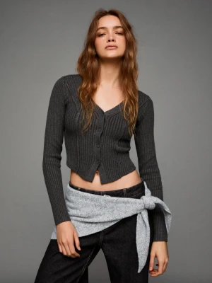 Bershka Kardigan Z Prążkowanej Dzianiny Kobieta Ciemnoszary