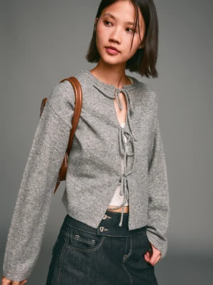 Bershka Kardigan Z Wiązaniem Kobieta Szary