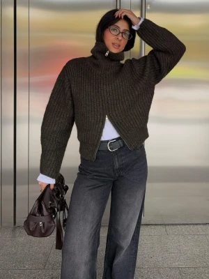 Bershka Kardigan Z Zamkiem I Wysokim Kołnierzem Kobieta Brązowy